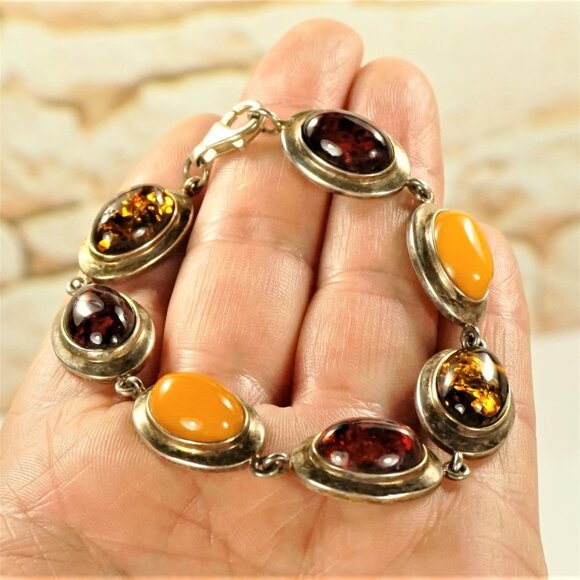 Multi Amber And 925 Silver Link Bracelet 7" - Unisex Amber Jewelry Gift - Picture 8 of 13